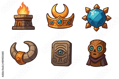 Set of six fantasy game icons featuring a flaming brazier, golden crown, magic gem, ancient horn, stone tablet, and wooden idol in a detailed cartoon style