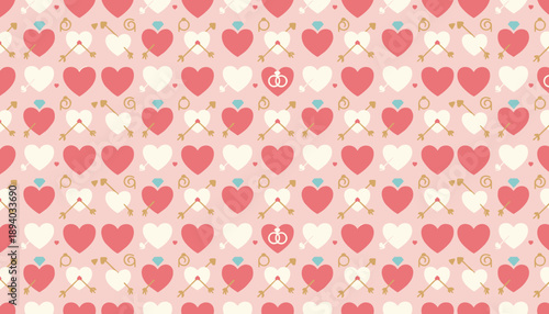 Seamless romantic vector pattern with hearts Cupids arrows diamonds and wedding rings on pink background
