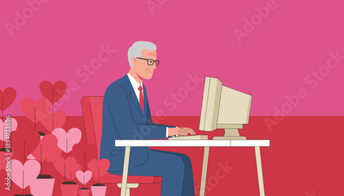 Elderly man in suit typing on retro PC surrounded by love hearts Online dating concept