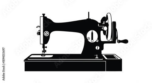 A striking black and white depiction of a vintage sewing machine showcasing its classic design as a silhouette high quality professional detailed