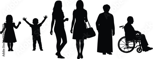 human silhouettes representing different ages and abilities including child, adult, elder, and wheelchair user, symbolizing inclusivity, diversity, and accessibility