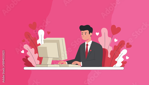 Businessman working on a computer amidst hearts Online dating romance or corporate love concept