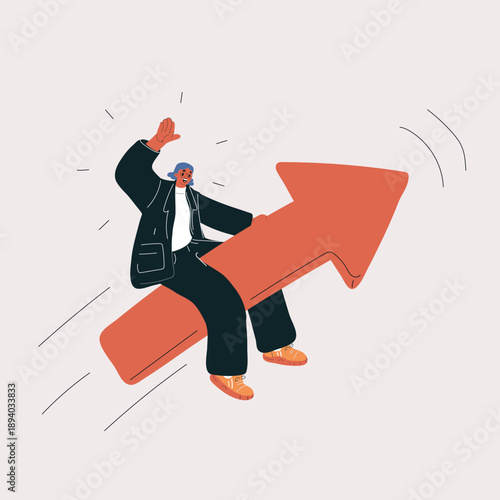 Cartoon vector illustration of woman flying upwards on arrow, success and achievement concept