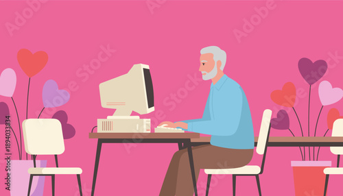 Senior man using a vintage desktop computer for technology and digital connection illustration