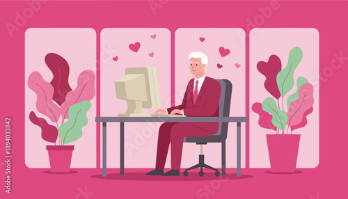 Smiling senior businessman uses computer surrounded by hearts symbolizing online dating or romance