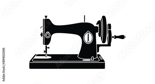 A striking black and white depiction of a vintage sewing machine presented as a bold silhouette high quality professional detailed