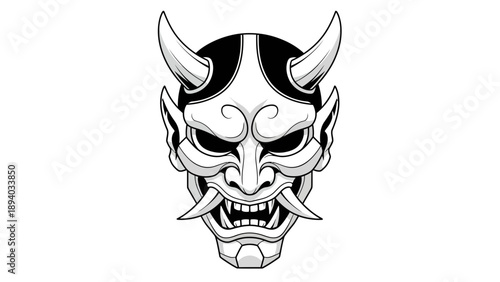 Japanese Oni Mask Vector Illustration, Traditional Folklore Demon Face Graphic, Cultural Symbol for Horror and Mythology Designs
