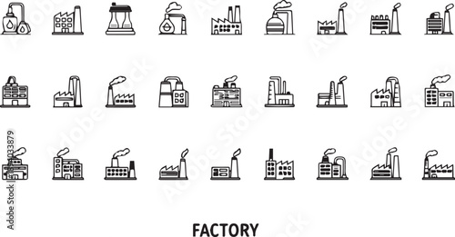 A collection of various factory icons and buildings in a simple line drawing style on a white background