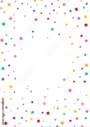 Colorful stars of various sizes scattered on a white background, framing an empty space