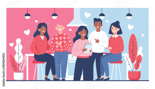 Diverse friends socializing in a colorful setting happy young people connecting and using technology