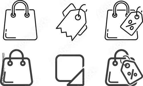 Set of linear vector icons for e-commerce, showcasing shopping bags and price tags, perfect for web and mobile apps to represent online shopping, sales, and discounts