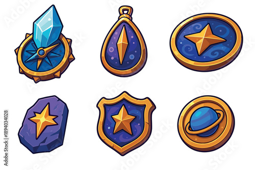 Vibrant collection of fantasy game asset icons featuring a crystal compass, star shield, planet token, magic amulet, and rune stone, illustrated in a bold cartoon style