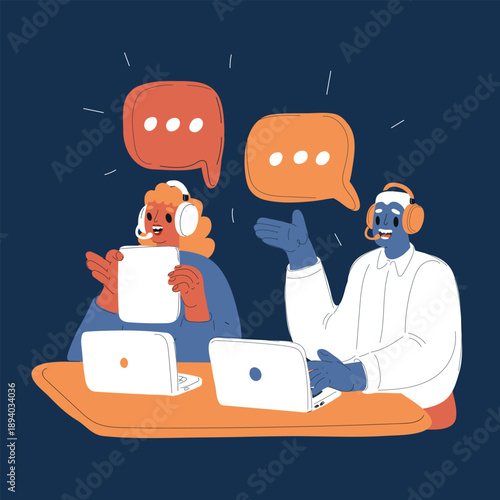 Cartoon vector illustration of people in office talking to clients using headsets and scripts, customer service concept