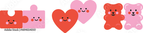Playful set of pink and red hearts, jelly bears, and puzzle pieces. A fun and colorful illustration for romantic and decorative designs.