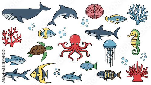 Colorful Cartoon Ocean Creatures and Sea Life.