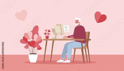 Senior man using a computer surrounded by heart plants symbolizing online dating or romantic communication
