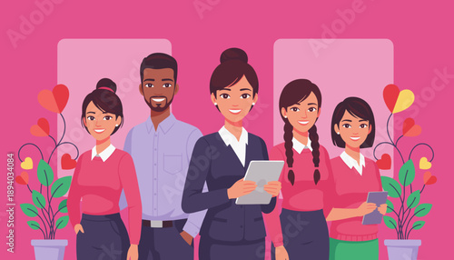 Diverse business team smiling collaborating in a colorful office illustration Professional success concept