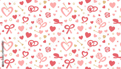 Romantic seamless pattern with hearts roses bows and rings for love wedding or Valentines Day design