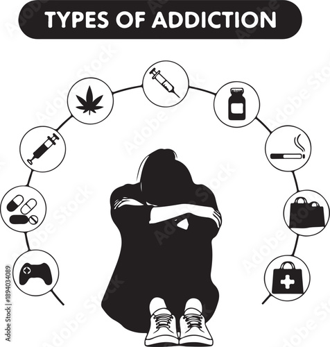 A person struggling with various types of addiction including substance abuse and behavioral dependencies