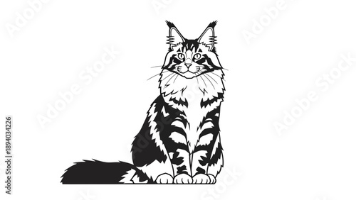 Majestic Maine Coon Cat Sitting Gracefully, Detailed Black and White Vector Illustration, Elegant Feline Portrait for Pet Lovers and Design Projects