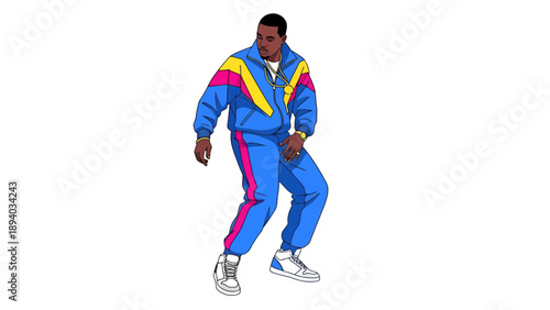 Man in Retro 80s Tracksuit Dancing, 1980s Fashion Style, Vibrant Colors, Vintage Sportswear, Retro Dance Moves, Graphic Illustration