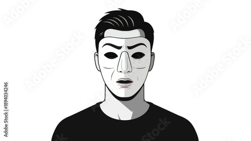 Man wearing a theatrical mask, black and white, front view, with an open mouth, conveying surprise or shock, isolated on white background, graphic illustration style