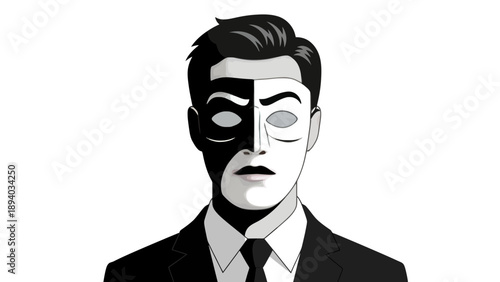 Man with Split Face Mask, Black and White, Dramatic Contrast, Mysterious Persona, Conceptual Portrait, Graphic Style, Isolated on White Background