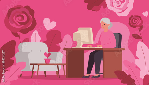 Senior woman working on PC in a vibrant pink floral Valentinethemed office illustration