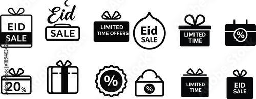 Collection of modern black and white vector icons for Eid holiday sales, promotions, and special limited-time offers, perfect for marketing and celebratory designs