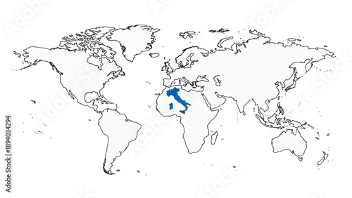 Map of Italy highlighted in blue on a world map, political geography, travel and exploration concept, blank template for infographic or presentation