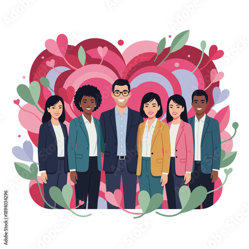 Diverse business team smiling against a heart motif representing community collaboration and social care