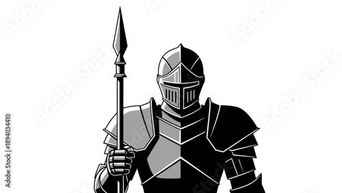 Medieval Knight Warrior in Full Plate Armor Holding a Spear, Stylized Vector Illustration, Historical Fantasy Concept Art for Gaming and Media Projects