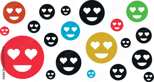 A colorful collection of smiling faces with heart eyes in various sizes and hues on a white background