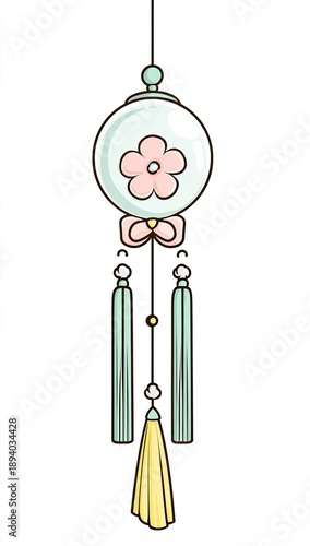 Delicate pastel lantern with a flower, bow, and tassels, hanging by a thread