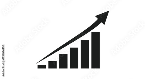 A black graphic depicts a rising bar chart with an upward pointing arrow symbolizing growth and progress silhouette high quality professional