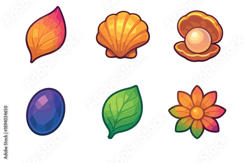 Colorful collection of cartoon game icons featuring leaves, a seashell, a pearl, a gemstone, and a flower in a vibrant, glossy, and stylized vector illustration set
