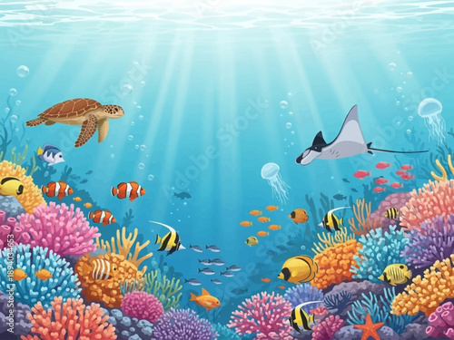 Vibrant Coral Reef with Marine Life.