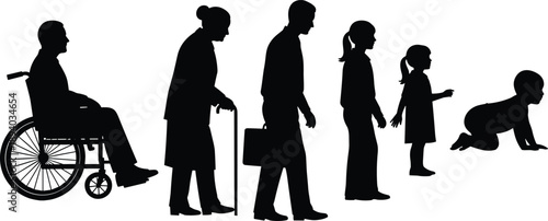 Sequence of human life stages from crawling baby to elderly in wheelchair illustrating aging, lifecycle progression, intergenerational continuity, care, mobility, and accessibility