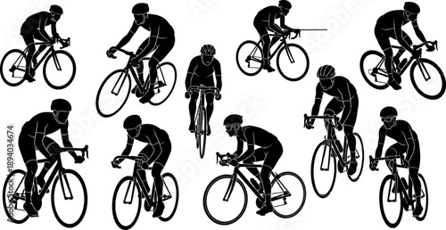 Silhouette of multiple cyclists in various riding positions