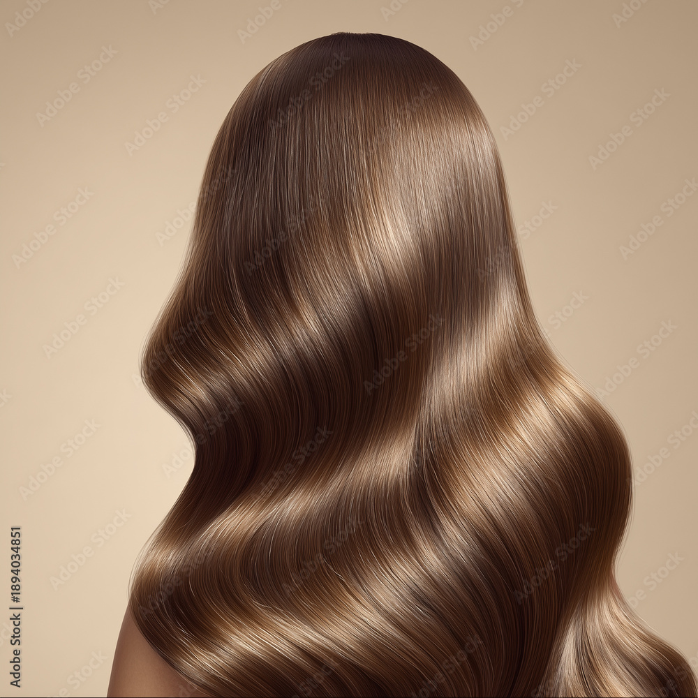 Fototapeta premium Elegant Brown Hair with Soft Waves on Neutral Beige Background Under Studio Lighting