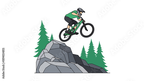 Mountain Biker Jumping Over Rocks, Extreme Sports Vector Illustration, Action and Adventure Graphic for Outdoor Lifestyle