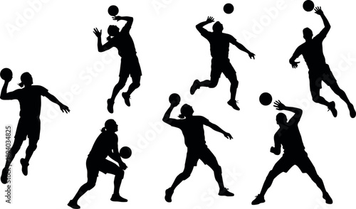 Silhouette of seven volleyball players in various positions on the court