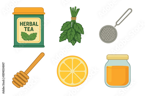Collection of herbal tea ingredients and accessories including a tin, fresh mint, a strainer, a honey dipper, a lemon slice, and a jar of honey in a flat vector illustration style