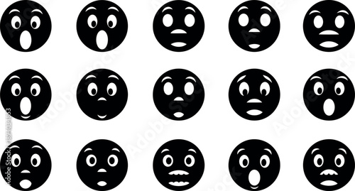 Collection of 15 various emotive black silhouette faces on white background