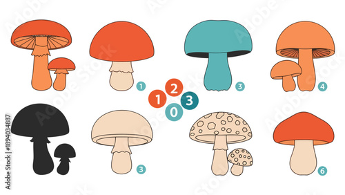 Mushroom Variety Vector Illustration Set, Flat Design Style, Educational Graphic Resource for Nature and Science Projects