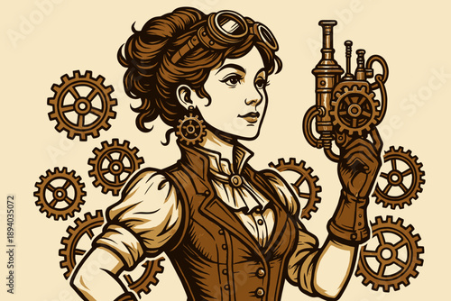 Steampunk woman with gadget, confident and vintage style, illustration with gears on light background