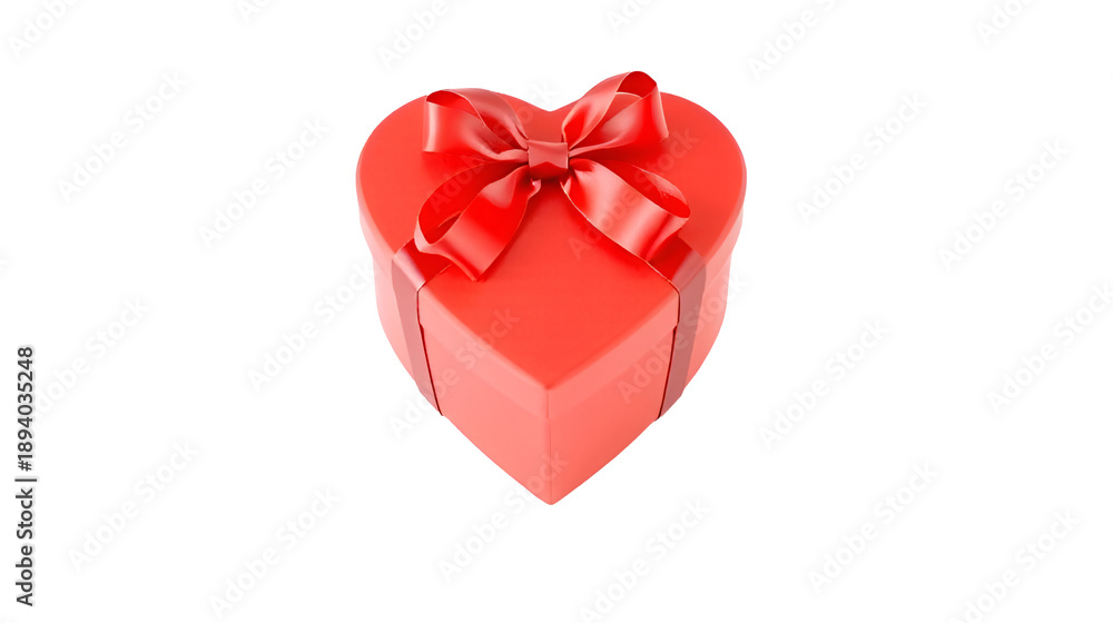 Obraz premium Red gift box in the shape of a heart with a satin ribbon and a bow. Romantic gift clipart isolated on transparent background element for Valentine's Day or birthday celebration.