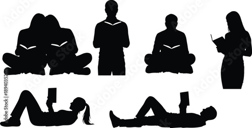 silhouetted readers in varied seated and reclining postures illustrating diverse reading habits, relaxed study positions, leisure learning, concentration and reading styles