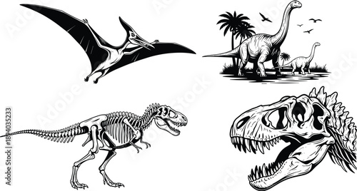 Hand Drawn Monochromatic Vector Set of Prehistoric Dinosaurs Including Pterodactyl, Brachiosaurus, T-Rex Skeleton and Fossil Skull Isolated Illustrations