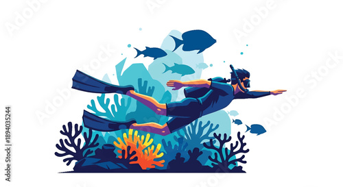 Young man diving underwater with fins, modern vector illustration expressing marine exploration, curiosity, freedom, and adventurous travel lifestyle